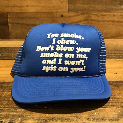 Vintage Funny Hat Snapback Trucker Cap Mens Blue Chewing Tobacco I Chew -  READ
