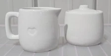Heart Embossed White Ceramic Cream & Sugar Set w/ Lid Dishwasher Microwave Safe
