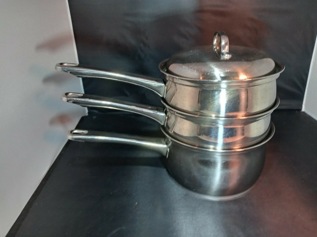 Vtg Belgique Stainless Steel 4 Piece Cookware Set Of Stacking Pots And Strainer For Sale Online