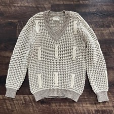 VINTAGE Gaeltarra Chunky Fisherman Aran Tan V Neck Sweater Ireland 38 Small W 