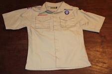 Boy Scouts of America BSA Youth Shirt Large Tan Sewn Patches Short Sleeve