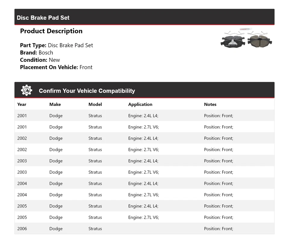 Pastillas de freno delanteras de cerámica QuietCast para Dodge Stratus Bosch 2001-2006 2002 2003 Foto 2 de 4