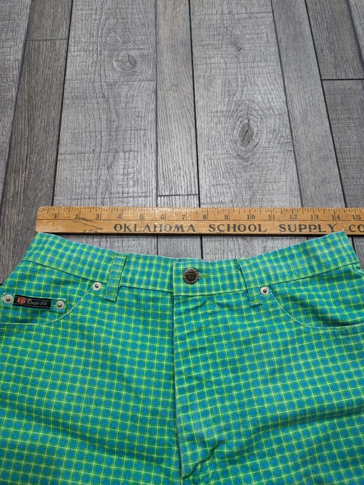 Pantalones cortos vintage Route 66 para mujer tiro alto verde y azul a cuadros Y2K años 90 - talla 13/14 Foto 3 de 4