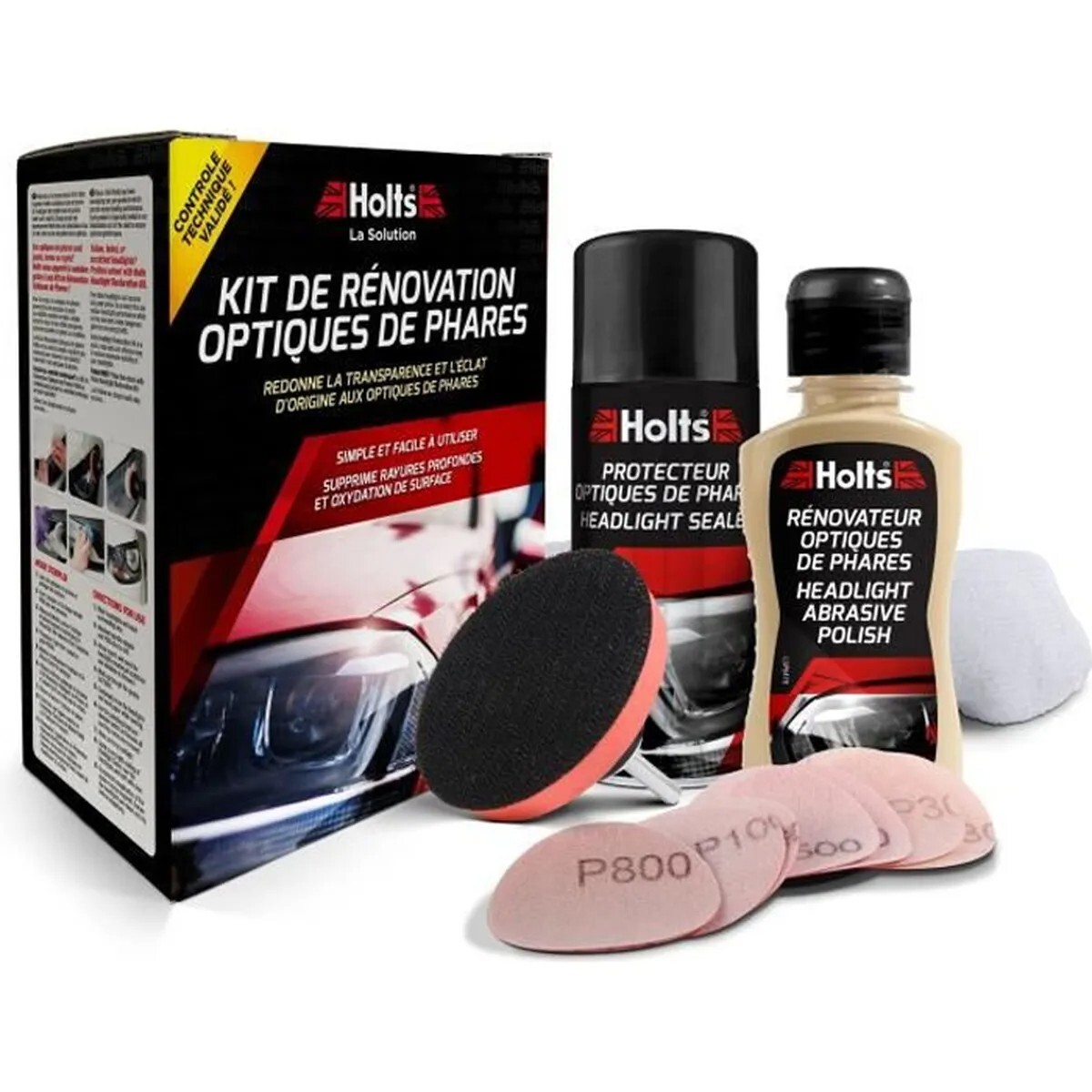Kit Rénovateur Optiques de Phare Holts avec Protecteur Anti-UV Polycarbonate