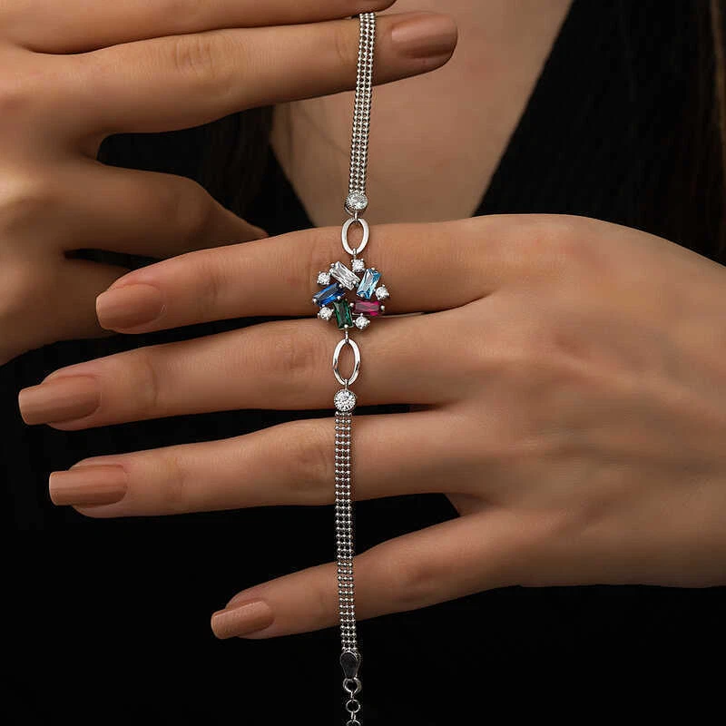 Pulsera baguette vibrante de plata de ley 925 para mujer con piedras preciosas de colores Foto 2 de 3