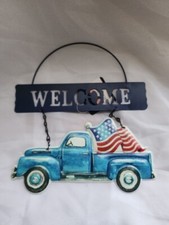 Blue USA Truck w/ American FLAG WELCOME Wall Door Metal Sign Hanging