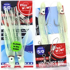 Fish WOW! Hoochies Rig Fishing Glow 4.75 inch Squid Skirt  5/0 Octopus Hook NEW