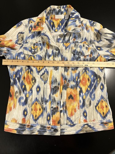 Chicos Jacket Women 1 White Blue Linen Trucker Button Up Tie Dye Denim - Picture 8 of 9