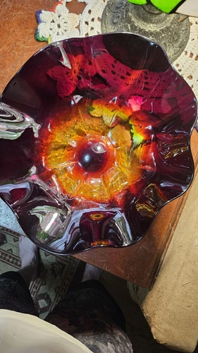 Blenko Large Very Rare Ruffled Edge Amberina Glass Bowl. Hand Made, Hand Signed.