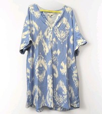 Marks & Spencer M&S Blue Ikat Print Linen Rich V-Neck Shift Dress Plus Size 24