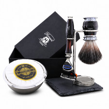 5PCS Grooming Kit with Synthetic Black Brush, 5 Edge Razor, Stand, Bowl  Soap