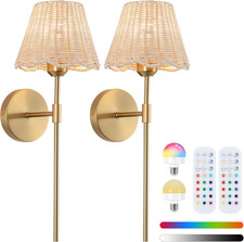 Battery Operated Wall Sconces Set of 2, Rattan Shade Wireless Wall Sconces, RGB