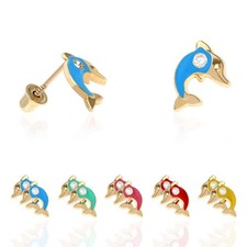 Kids 14K Yellow Gold Enamel Dolphin Stud Earrings with Stone Detail