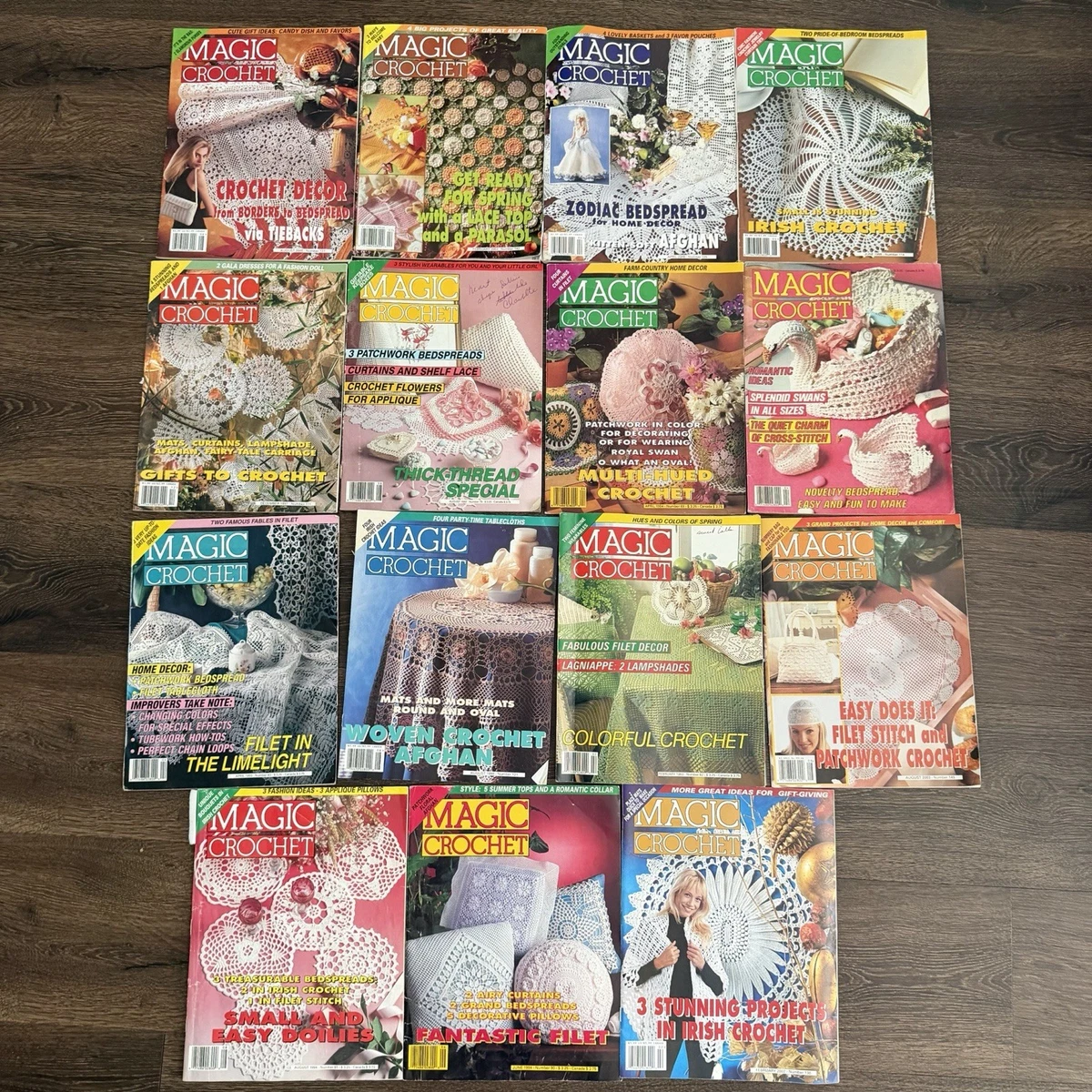 Revista Magic Crochet Lote de 15 Patrones Vintage Tapetes Filete Encaje Afganos
