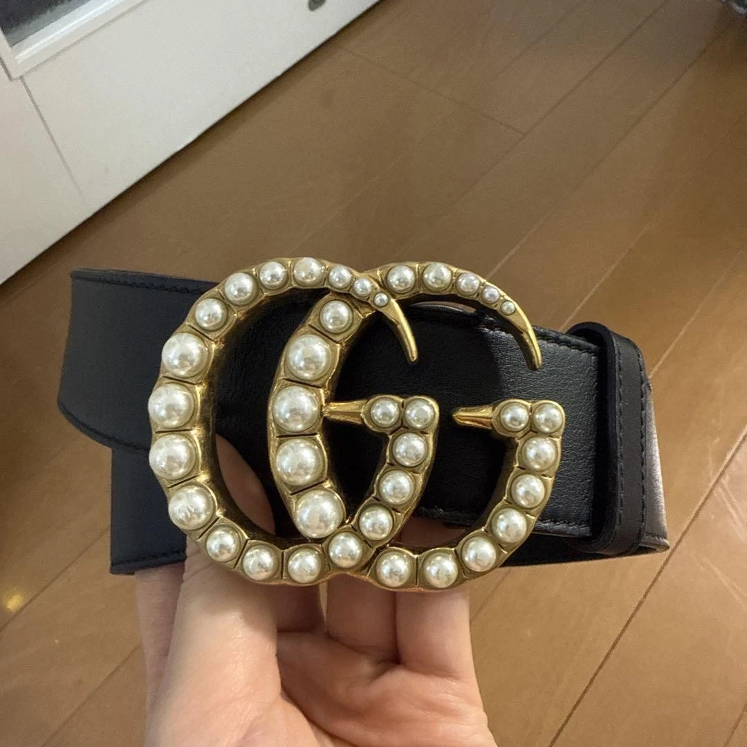 GUCCI 80/32 453260 Ceinture Double G Large avec Perles GG Marmont Cuir Occasion Noir