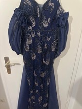 Damen Abendkleid lang blau V-Ausschnitt schul...