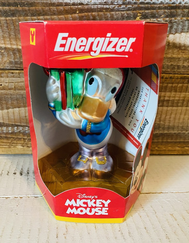 Vintage neu im Karton Energizer Disney Donald Duck mundgeblasenes Glas Weihnachtsschmuck