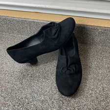 Hotter Womens UK 7.5 US 9.5 Black Suede Block Heel Slip On Closed Toe Dress Pump