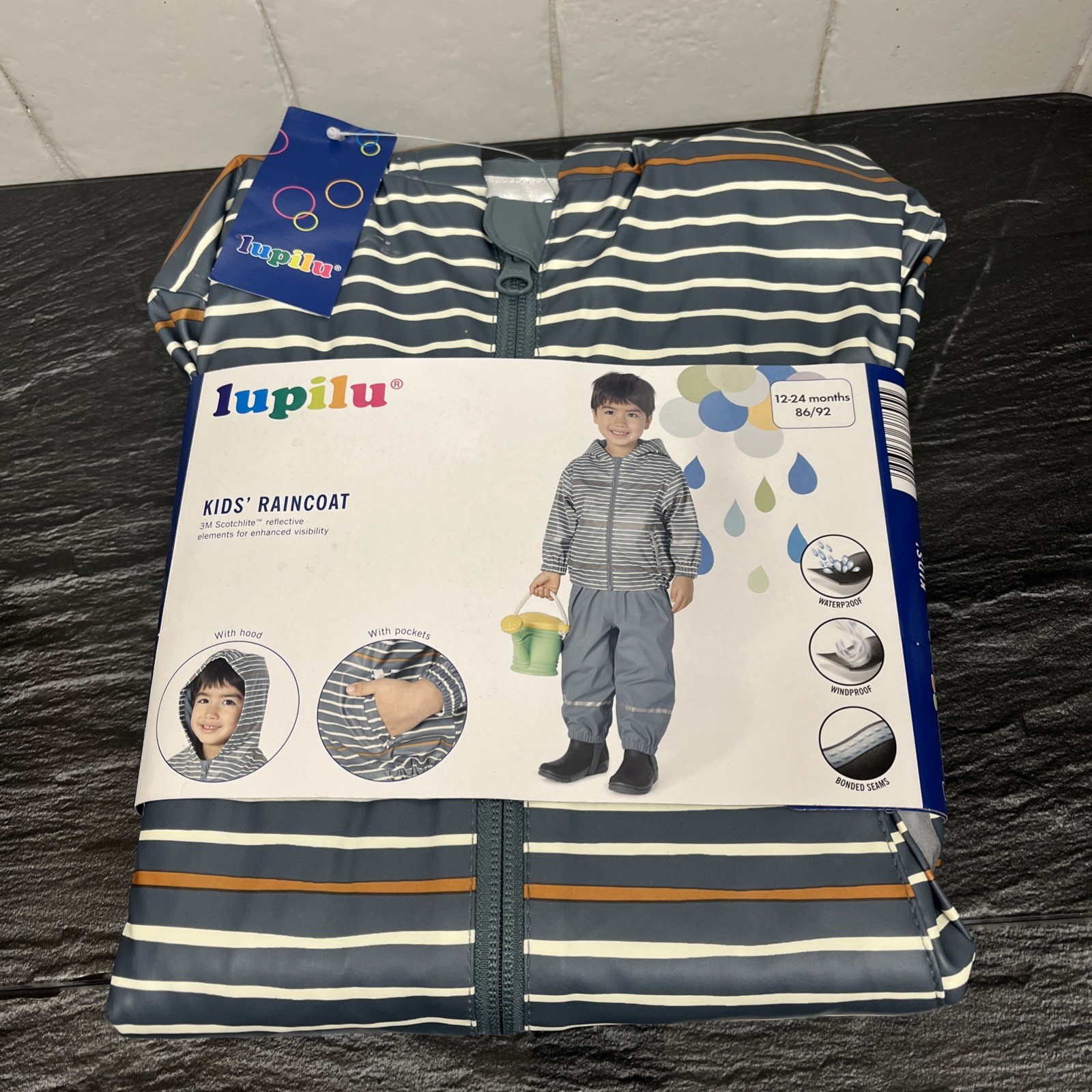 Lupilu Waterproof Jacket 3M Scotchlite 12-24 Months strip with hood & pocket new