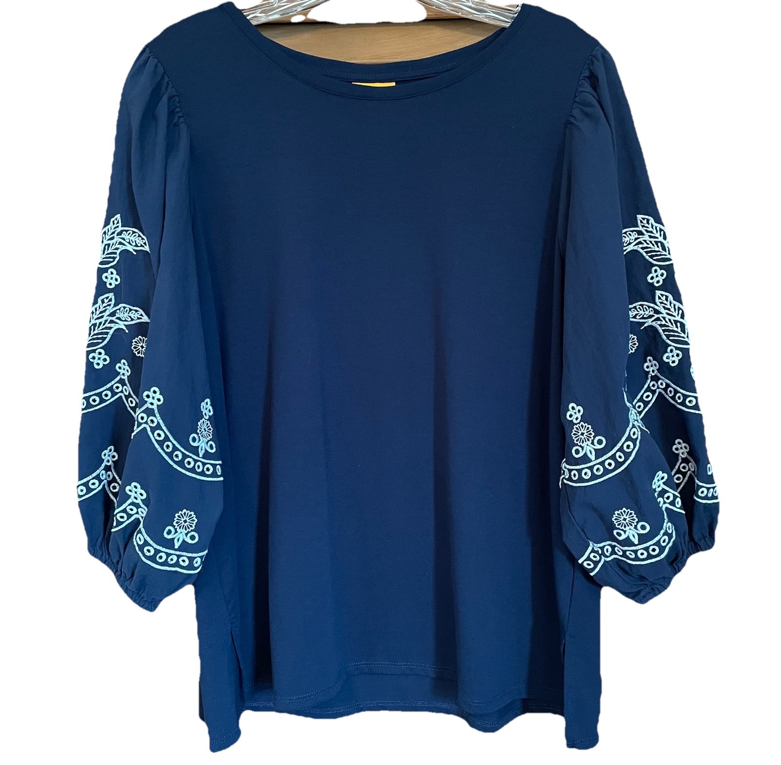 Ruby Rd Navy Blue Floral Embroidered Knit Boho Blouse Size M Sailor Chic