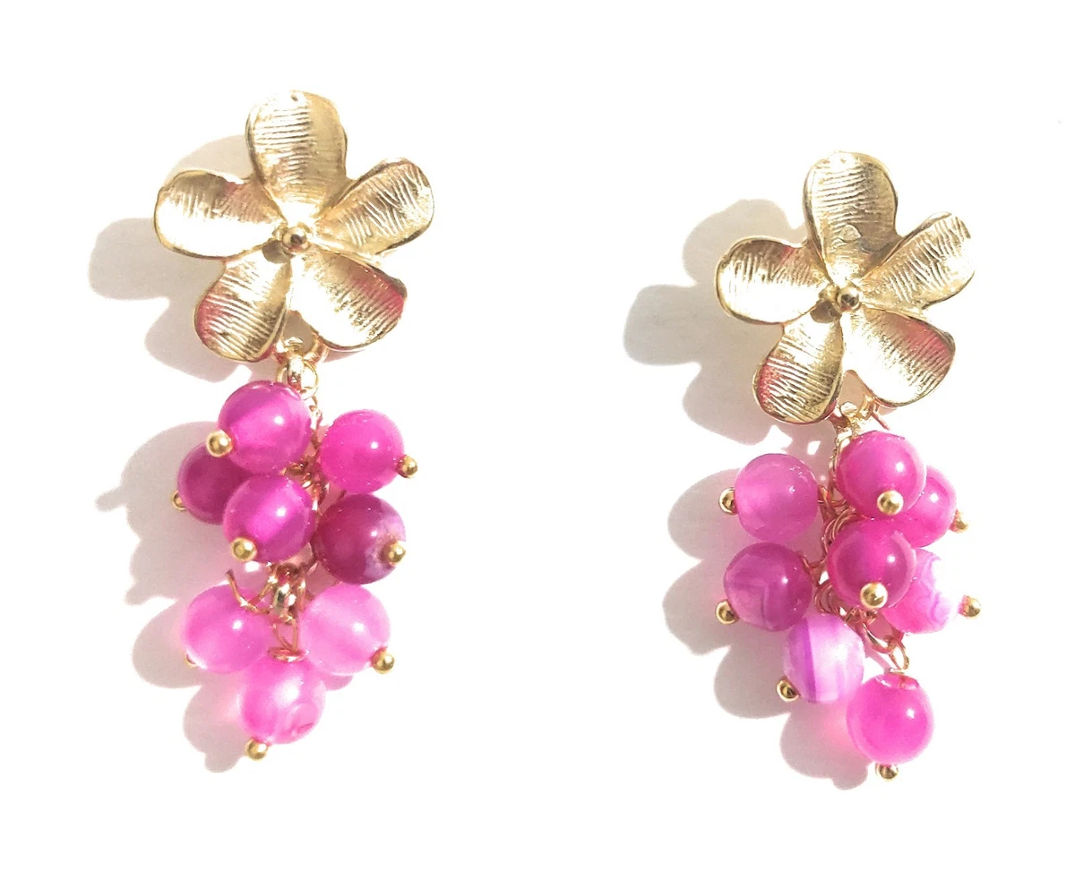 Orecchini A Lampadario Artigianali: Cristallo E Ematite Nei Toni Rosso, Fucsia E Rosa Fumè.
