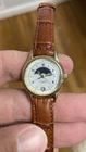 Vintage Timex Moon Phase White Dial Gold Case Brown Leather Strap Analog Watch