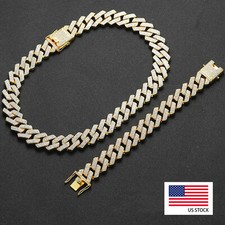 12MM 14k Gold Plated Iced CZ Out Miami Cuban Link Bracelet Chain Set for Men