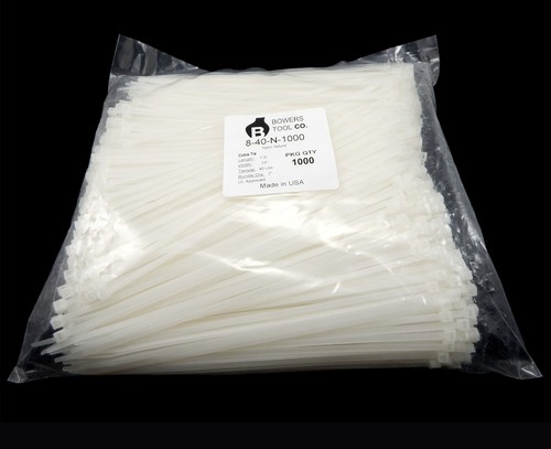 Zip Cable Ties 8" 40lbs 1000pc Natural White Made in USA Nylon Wire Tie Wraps - Picture 2 of 3