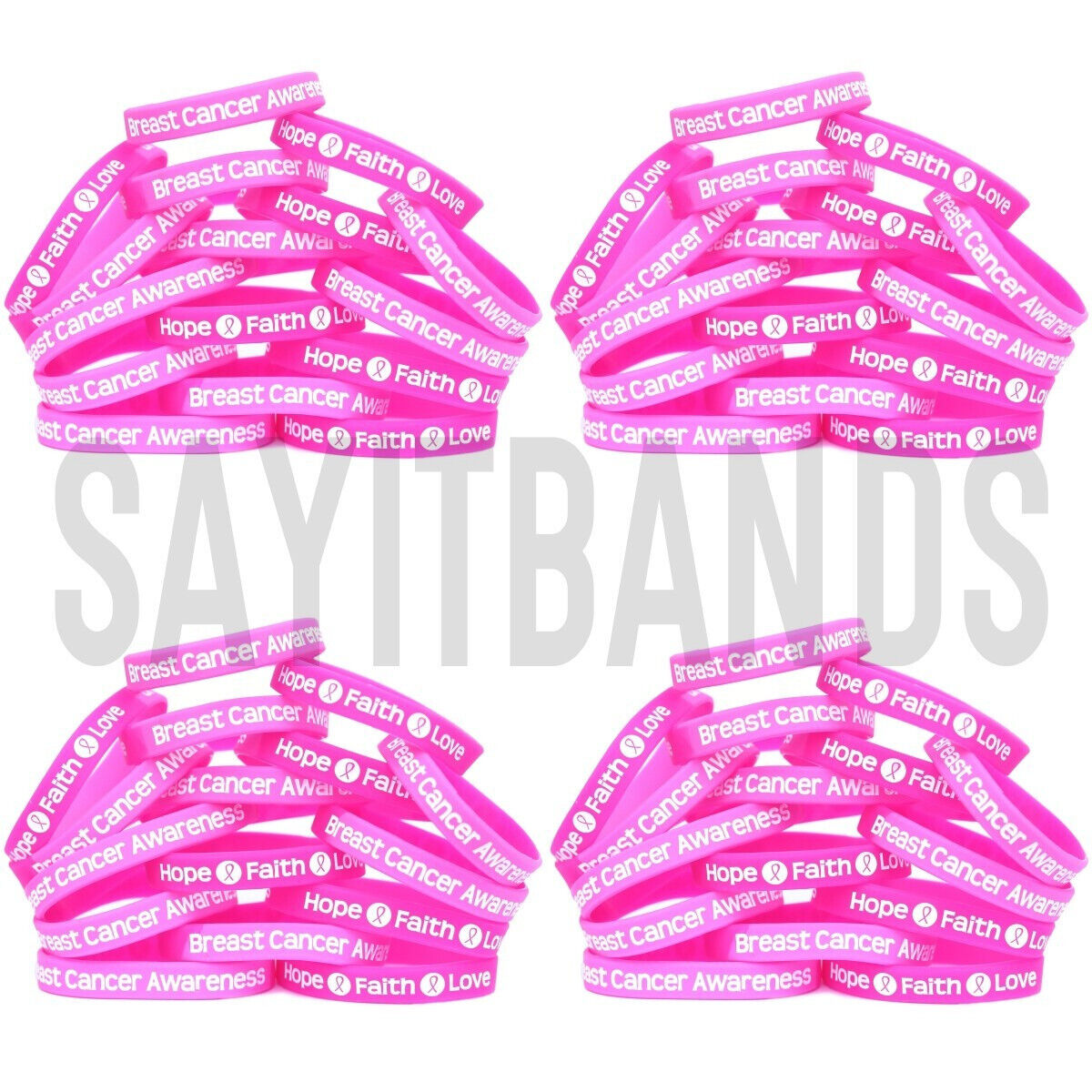 100 Breast Cancer Awareness Wristbands - Fundraiser Awareness Silicone Bracelets