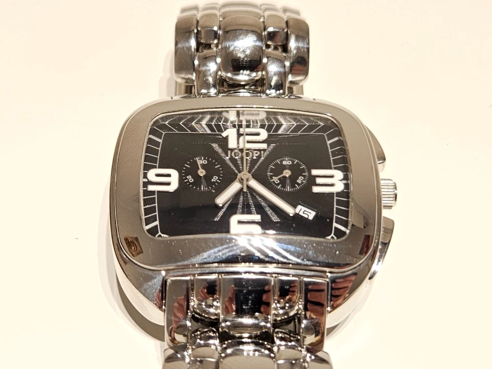 RELOJ RETRO RARO SUIZO GRANDE ACERO INOXIDABLE ESFERA NEGRA HOMBRE CRONÓGRAFO CUARZO "JOOP" 13J Foto 4 de 4