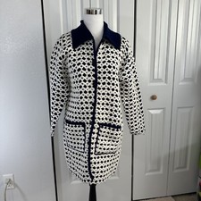 Vntg 70s Montgomery Ward Sweater Womens S/M Blue White Long Cardigan Jacket Knit