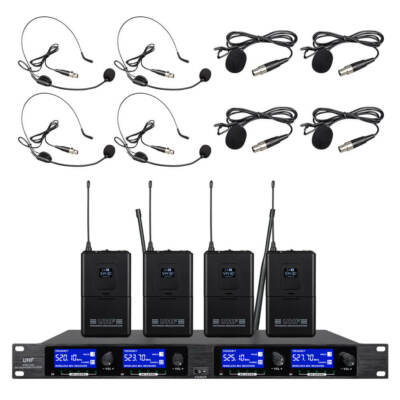 Wireless Microphone System Pro Audio UHF 4 Channel 4 Lavalier Bodypacks Headset