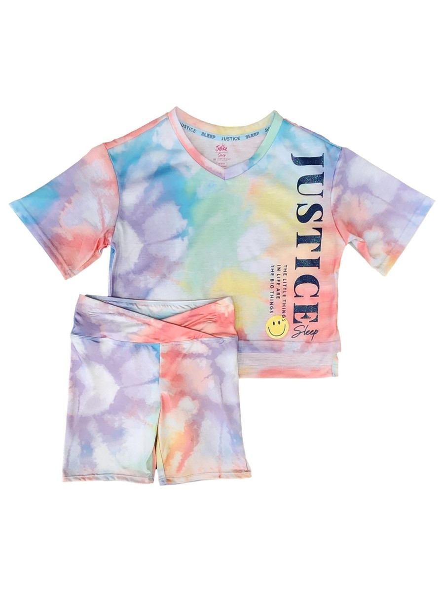 Justice Girls Pink, Purple Blue Tie Dye Pajamas Shirt Shorts Sleep Set