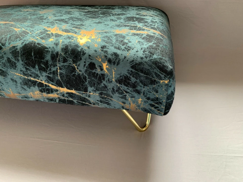 Gold and navy upholstered footstool with gold Hairpin Leg Company legs - Image 2 of 4