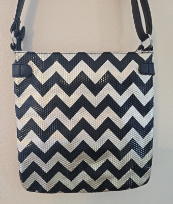 Zig Zag Black & Silver Crossbody Manmade Material Purse 11x10