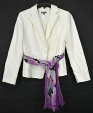 Ann Taylor Petites Womens White Tie Front Notch Collar Jacket Linen Blend Sz 8P