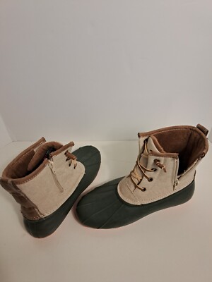 Serra Green Tan Rain Duck Rubber Faux Fur Boots 3M Thinsulate Sz9 *SEE ALL PICS*