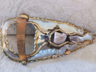 Huge Vtg Artisan Made Brutalist Belt Buckle Brass Copper Silver w Tumbled Stones