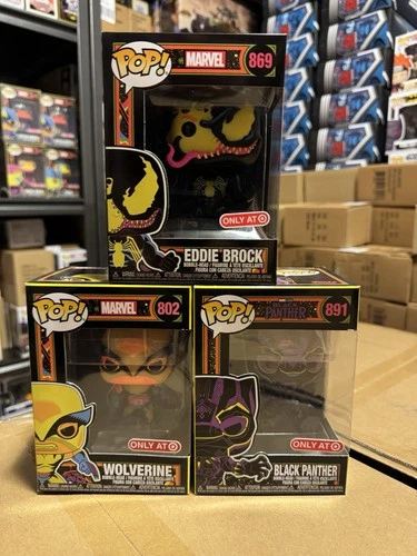 Funko Pop Marvel Black Light Bundle Wolverine, Eddie Brock, Black Panther *NEW*