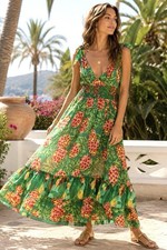 FARM Rio Pineapple Maxi Dress Small Green Smocked V Neck Tie Strap Ruffle