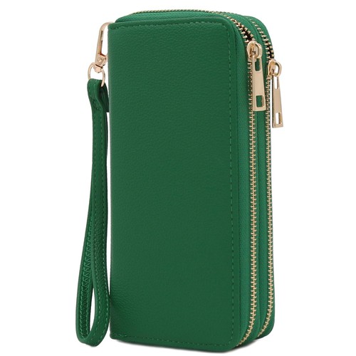 Double Zip Around PU Leather Wristlet Wallet (Kelly Green)