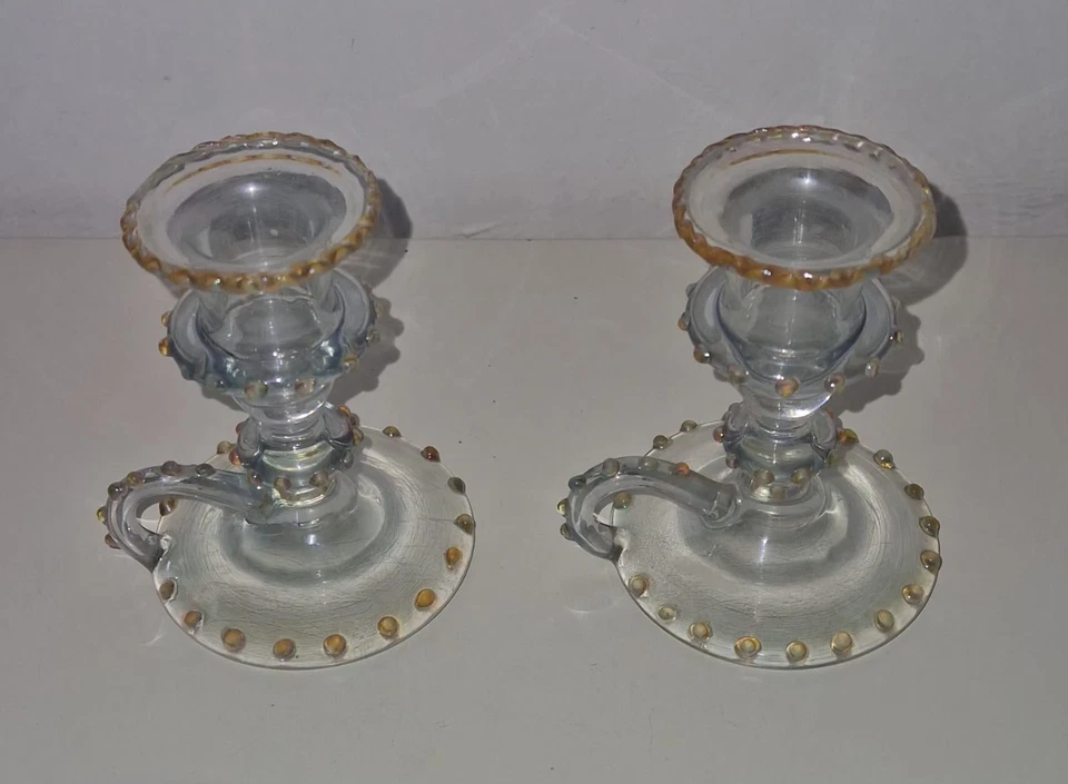 Paire de bougeoirs verre à picots irisés style Murano vintage décoration - Photo 1/4