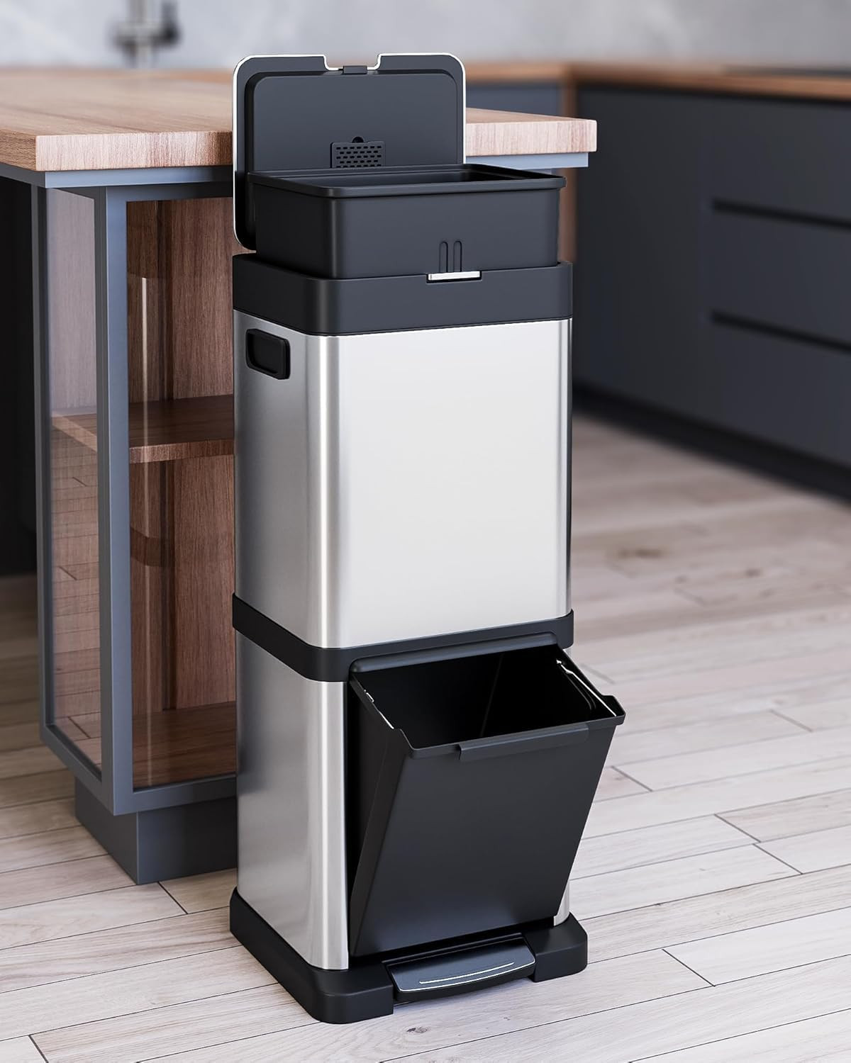 Trash Can 34L/9 Gal,5.3+3.7 Gal Dual Compartments Pedal Kitchen Recycling Tra...