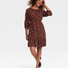 Knox Rose Leopard Print Smocked Waist Boho Tiered A-Line Dress Brown Size M