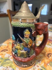 Vintage Japan Beer Stein with Pewter Lid – Hunters & Deer Scene, Fox Handle – 3D