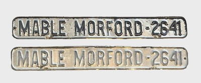 2 Vintage Metal Signs MABLE MORFORD - 2641 Aluminum Tin Black Silver 18'' x 2.5''