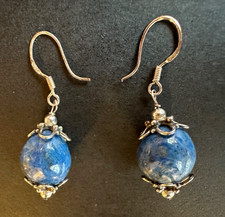 Sterling Silver Lapis Beaded Earrings 925 Drop Dangle Handmade Natural 90s
