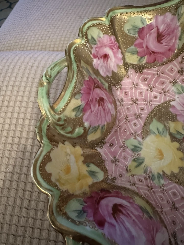 "Tazón rosa ornamentado nipón siglo XIX sin marca raro 10"" diámetro con cuentas dorado" Foto 4 de 4