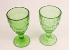 Set Of 2 1930s Hazel Atlas Colonial Block Green Depression Uranium Glass Goblets
