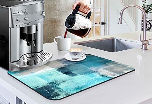 Coffee Bar Mat Accessories for Countertop Turquoise Abstract Art 19.5x12in Blue - Afbeelding 3 van 6